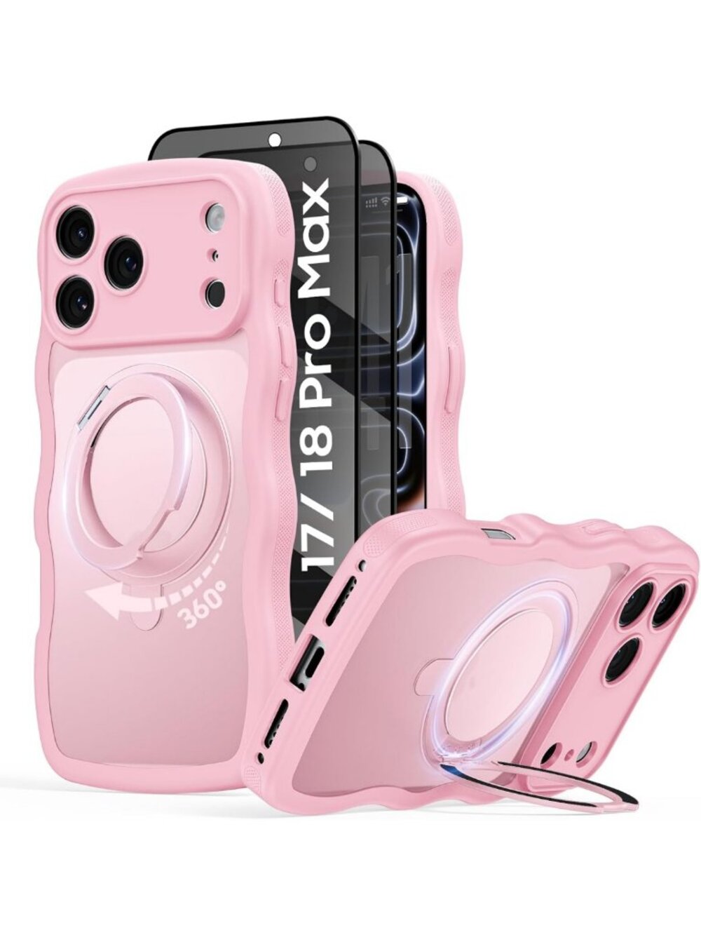 Cute Pink Wavy Tough Case for iPhone 18/17 Pro Max with 360° Spin Stand